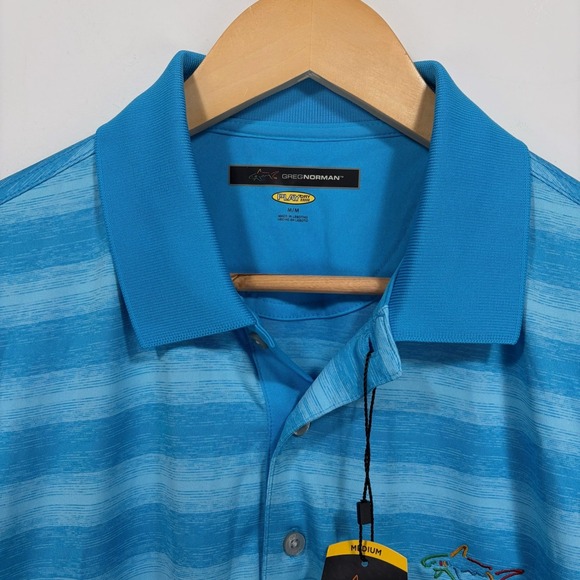 Greg Norman Play Dry Performance Polo Golf Shirt Men Medium Blue Striped Stretch - Picture 5 of 13